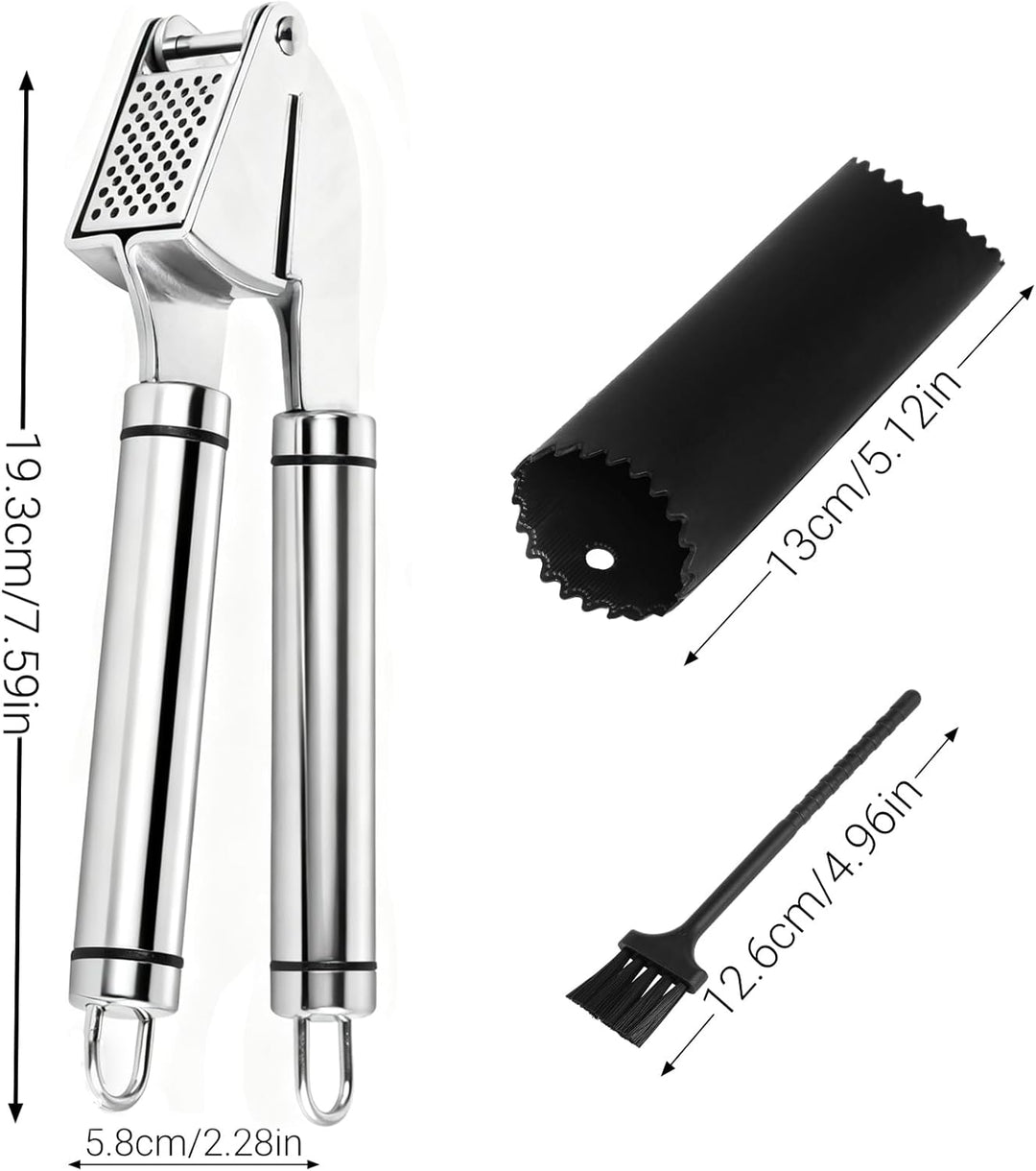 Knoblauchpresse Edelstahl Premium – 3 Set mit Schäler, Reinigungsbürste, Leicht zu Reinigen, Für Kno