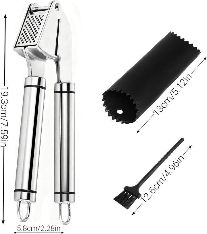 Knoblauchpresse Edelstahl Premium – 3 Set mit Schäler, Reinigungsbürste, Leicht zu Reinigen, Für Kno