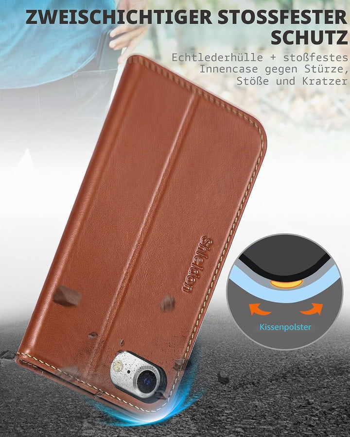 SHIELDON Hülle für iPhone SE 2022/iPhone 8 5G Handyhülle [Rindsleder] [Kartenfach] [Stand], Schutzhü