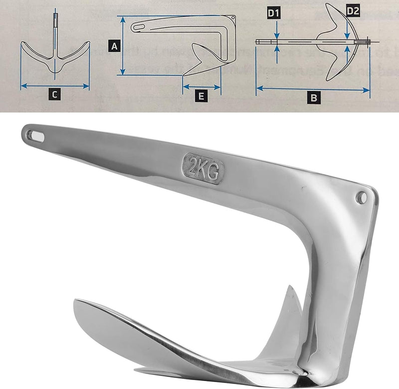 Bootsanker, 2 kg 4,4 lbs 316 Edelstahl-Schiffsanker Edelstahl-Klauenanker Schiffsanker Festanker 316