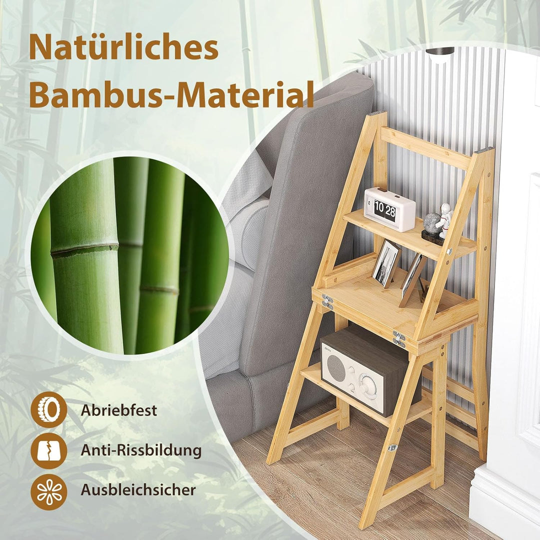 RELAX4LIFE klappbarer Leiterstuhl, Bibliotheksleiter Bambus, 3-stufiger Tritthocker mit Sicherheitss