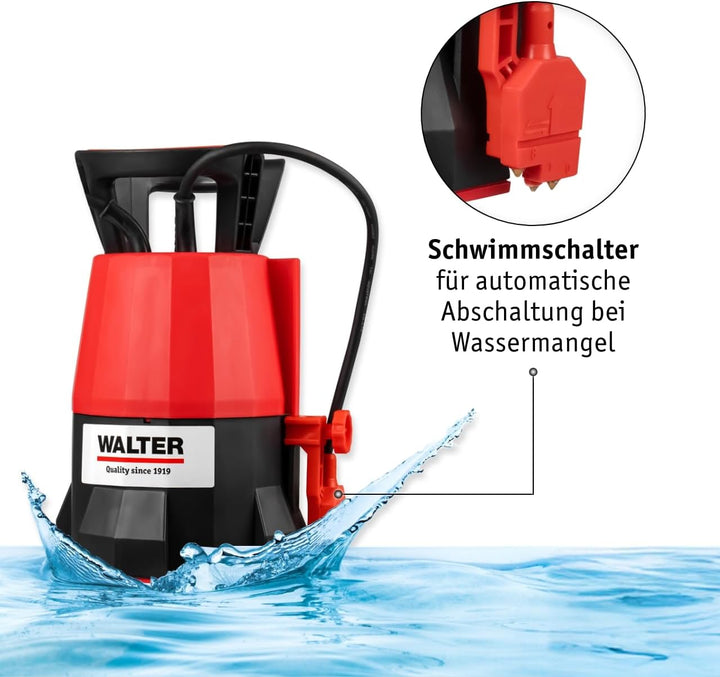 WALTER Klarwasser Tauchpumpe 400 W – 7000 L/h, 7 m Tauchtiefe, Flachsaugend (5 mm) – Schwimmschalter