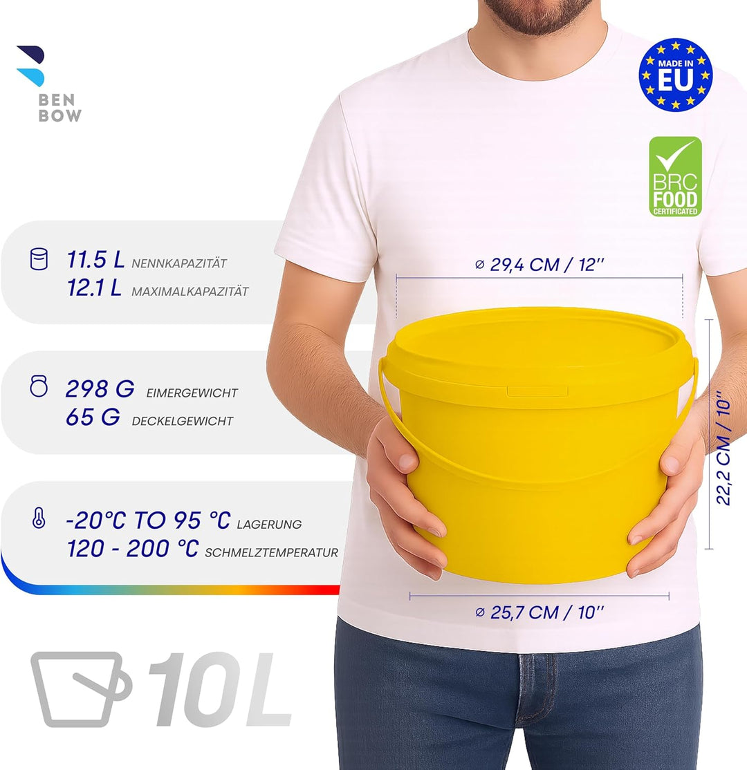 BenBow Eimer mit Deckel 10l Gelb 3X 10 Liter - lebensmittelecht, stabil, luftdicht, auslaufsicher, g