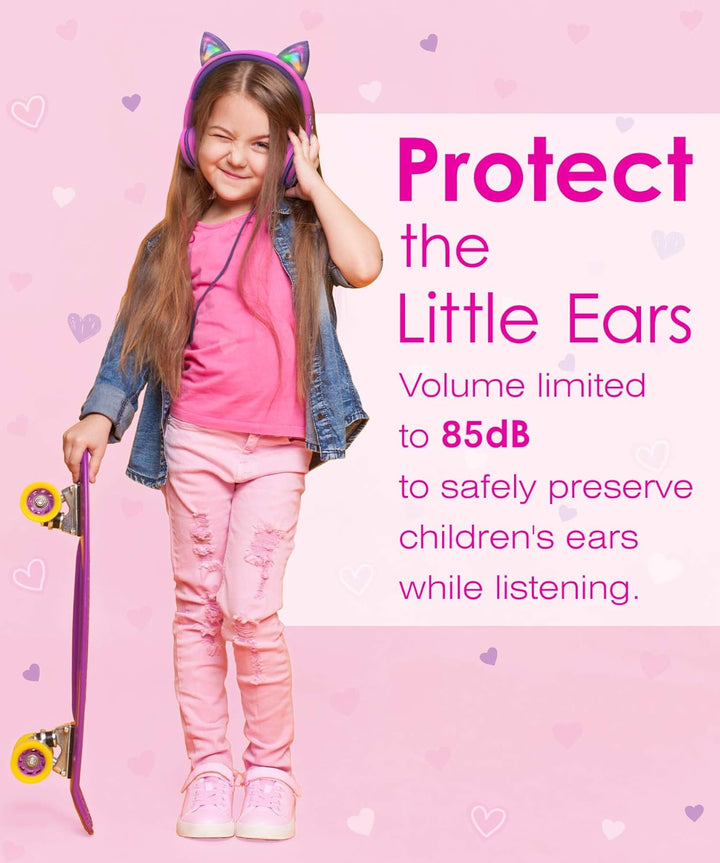 FosPower - Kopfhörer Kinder mit LED leuchten Katzenohren, 3,5mm On Ear Audio Kopfhörer für Kinder mi