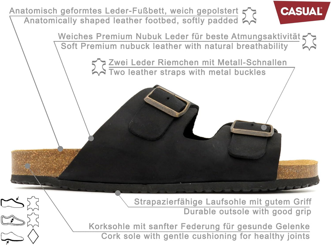 Casual Herren Pantoletten Nubuk Leder Sandalen Korksohle &amp; Echtleder Fussbett 39-47 41 EU Schwarz, 4