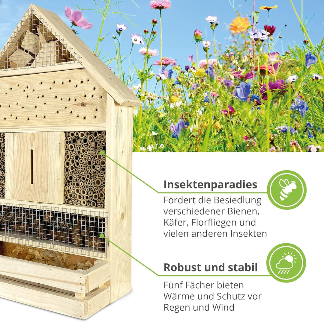 GARTENETAGE Stehendes Insektenhotel XXL mit Pflanzenoase/Naturbelassenes, massives Insektenhaus Gros