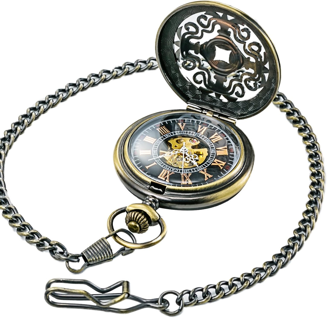 TREEWETO Herren Antik Bronze/Schwarz Steampunk Kupfergehäuse Skelett Mechanische Taschenuhr für Männ