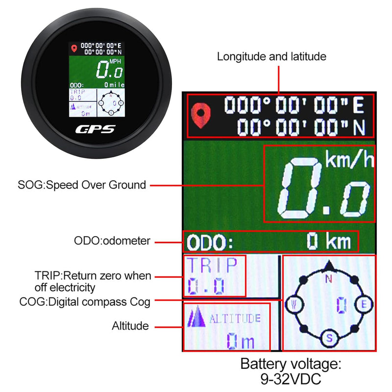 Geloo 85mm GPS Tachometer TFT einstellbar Mph Knoten Km/h Digitaler Geschwindigkeitsmesser Kilometer