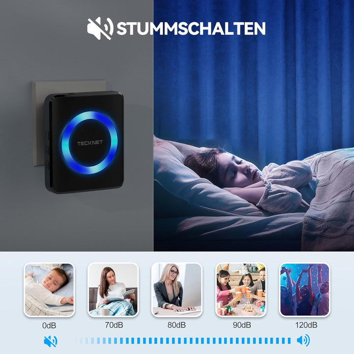 TECKNET Funkklingel, Kabellose Türklingel Funk Set 400m Reichweite, IP65 Aussen Wasserdicht Haustür