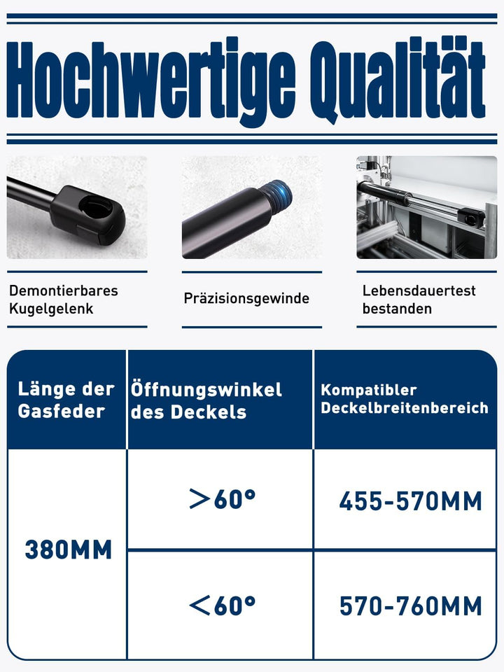 ARANA Gasdruckfedern 380mm, 200N, geeignet für schwere Klappen, 2 Stück | Universeller Gasdruckdämpf