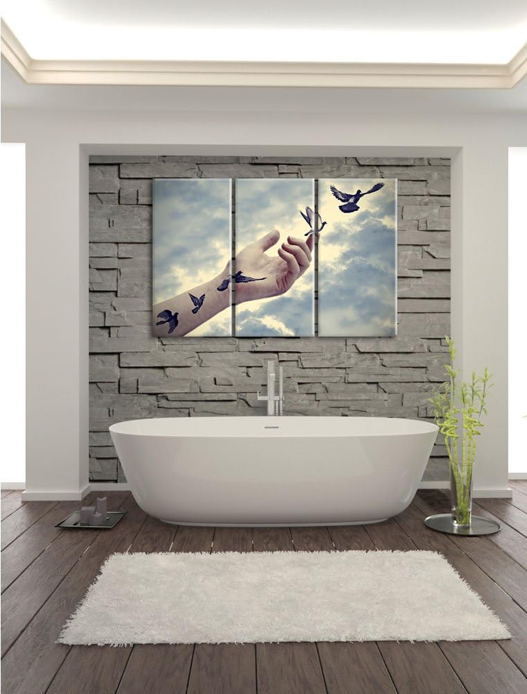 Pixxprint Vögel fliegen in die Freiheit / 3-Teilig/Gesamtmass 120cm Leinwandbild bespannt auf Holzra