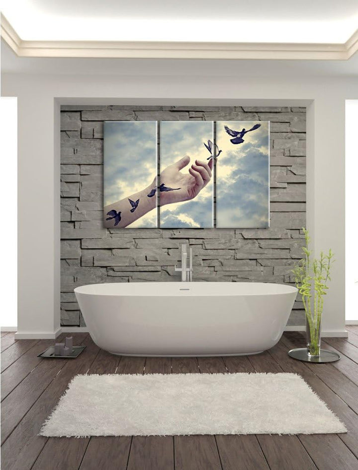 Pixxprint Vögel fliegen in die Freiheit / 3-Teilig/Gesamtmass 120cm Leinwandbild bespannt auf Holzra