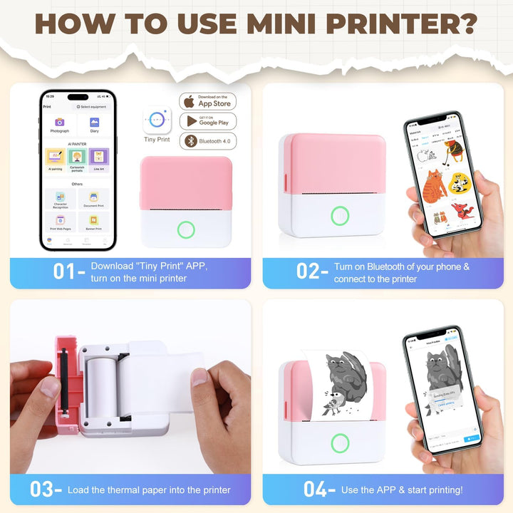PRAOAHEI Mini Drucker, Tragbarer Fotodrucker mit 10 Rollen Druckerpapier, Bluetooth-Etikettendrucker