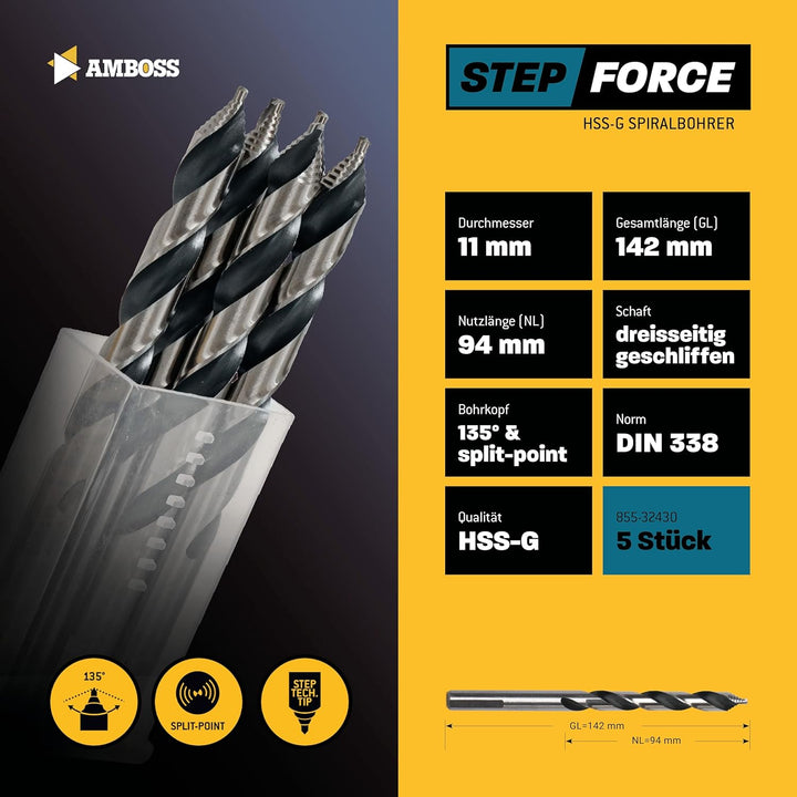 5x Spiralbohrer Step Force Ø11.0 mm - HSS-G DIN 338 für Stahl, Baustahl, Alu, Buntmetalle AMBOSS WER