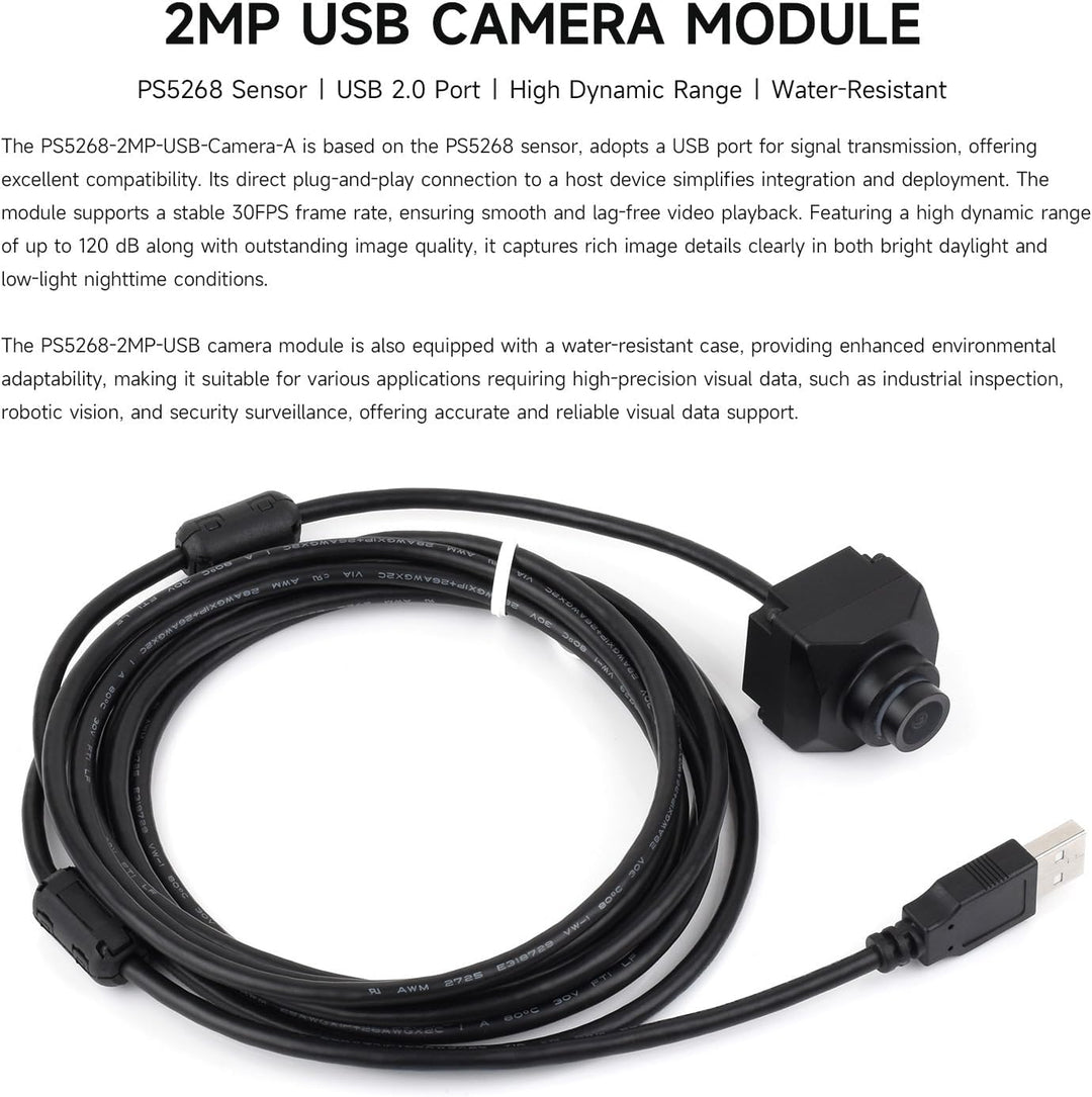 Waveshare PS5268 2MP USB Camera Module, 120dB High Dynamic Range, USB2.0 Port, Rolling Shutter