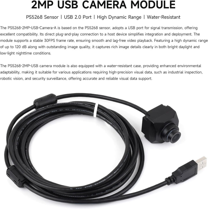 Waveshare PS5268 2MP USB Camera Module, 120dB High Dynamic Range, USB2.0 Port, Rolling Shutter