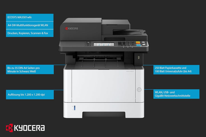 Kyocera Ecosys MA3501wfx/Plus Laserdrucker Multifunktionsgerät mit WLAN. 35 Seiten/Minute. WLAN Lase