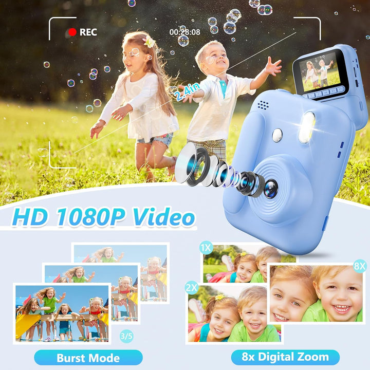 Sofortbildkamera für Kinder,1080P Kinderkamera mit 5 Rollen Druckpapier,32GB-Karte und Farbstiften,T