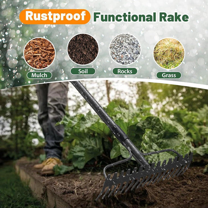 Gartenrechen 190 cm - Robuste Metall Gartenharke mit Stiel und 17 Zinken für Rasen, Laub & Boden | R