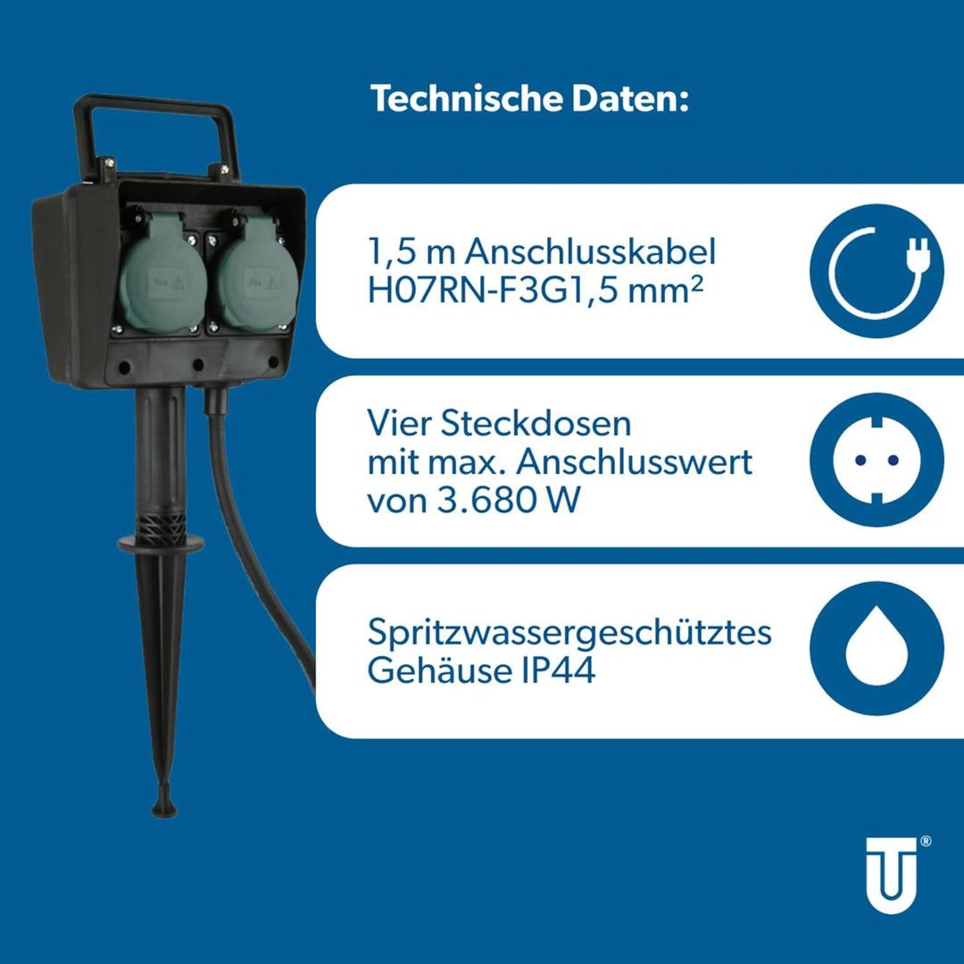 UNITEC Erdspiess mit 4-fach Steckdose 1,5m-Zuleitung
