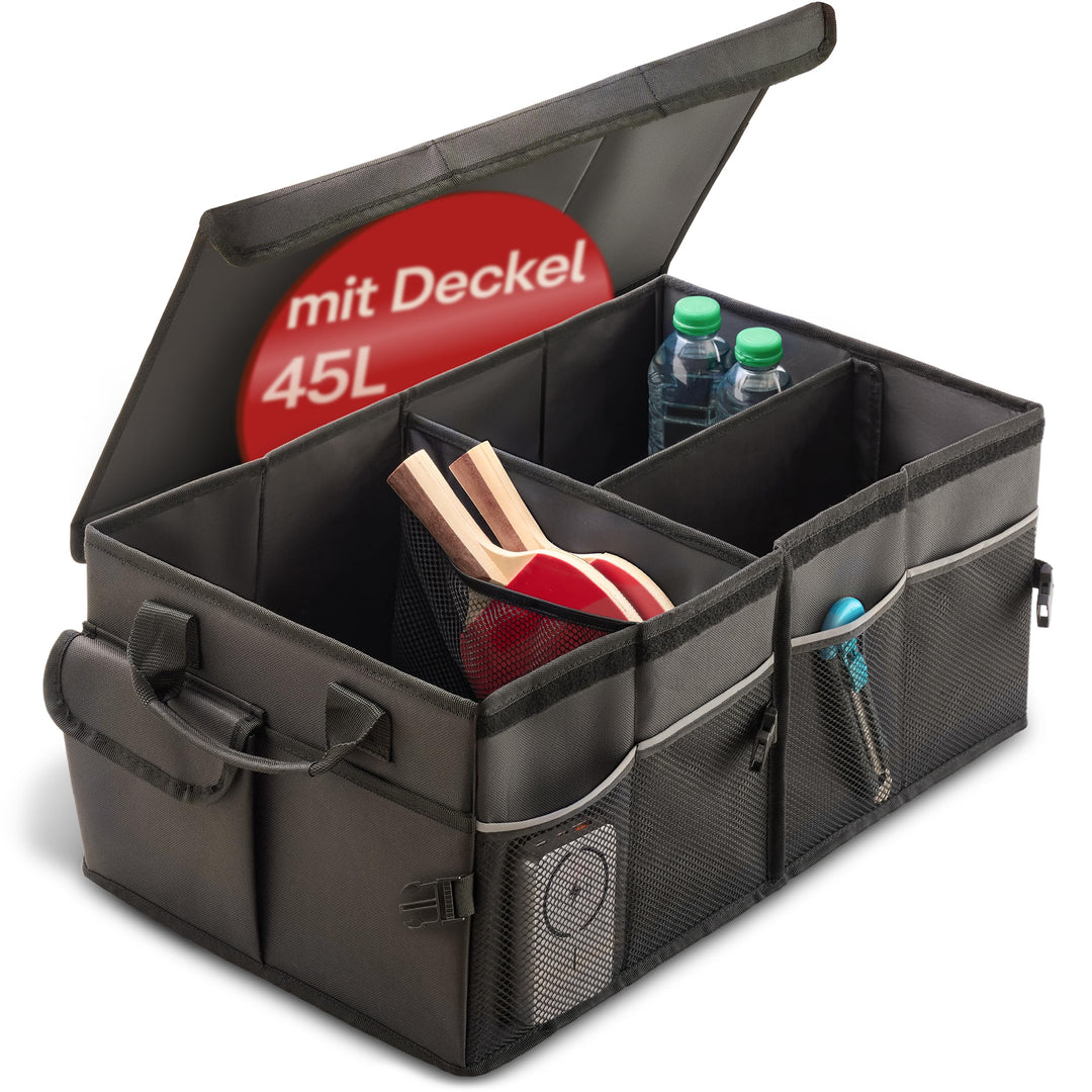Praknu 45L Auto Kofferraum Organizer Faltbar mit Deckel – auf 20 L anpassbar – 3 Fächer mit 11 Tasch