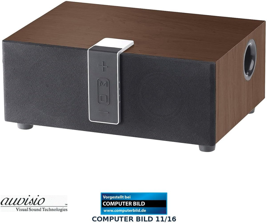 auvisio HiFi-Lautsprecher: WLAN-Multiroom-Lautsprecher mit Subwoofer, BT, Airplay, 80 W, walnuss (Br