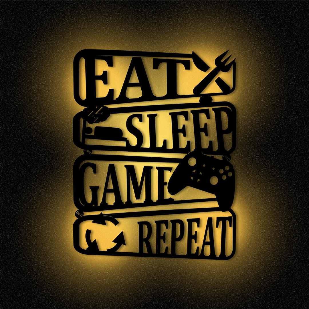 Namofactur Eat Sleep Game Repeat Deko Gamer Zimmer Wand I Wandlampe Geburtstag Gamer I MDF Holz Deko