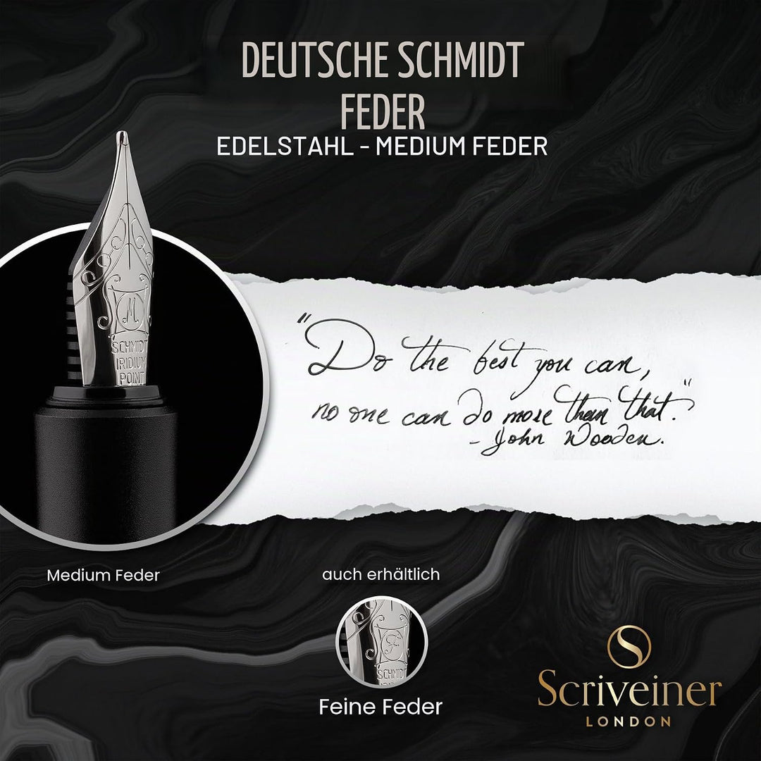 Scriveiner Luxus EDC Füllfederhalter (Mittel), Taschenfüller mattschwarz, verchromt, deutsche Schmid