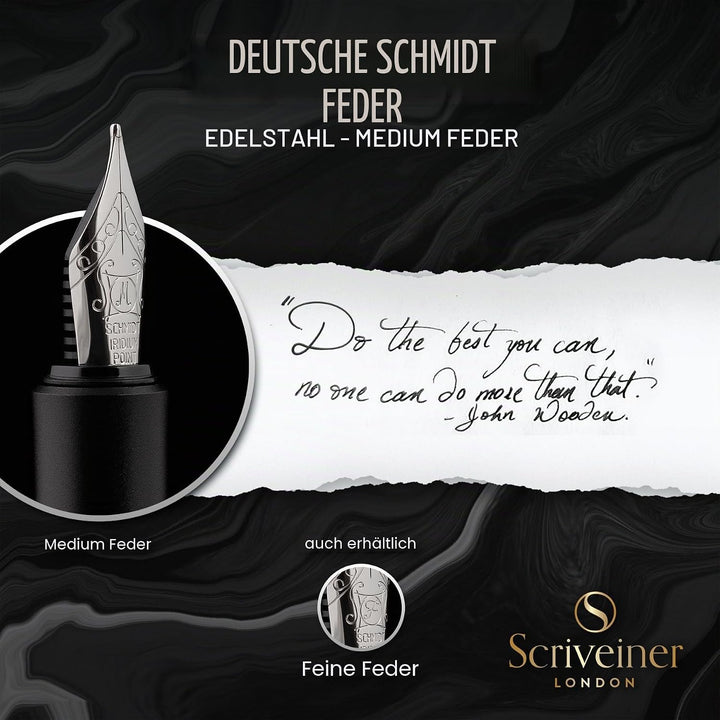 Scriveiner Luxus EDC Füllfederhalter (Mittel), Taschenfüller mattschwarz, verchromt, deutsche Schmid