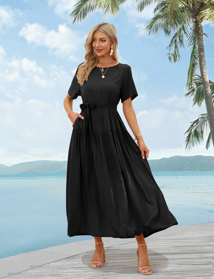 YESNO Damen Kleider Freizeit Lose Sommerkleid Lang Boho Maxikleid für Rundhals Strandkleid Blumenkle