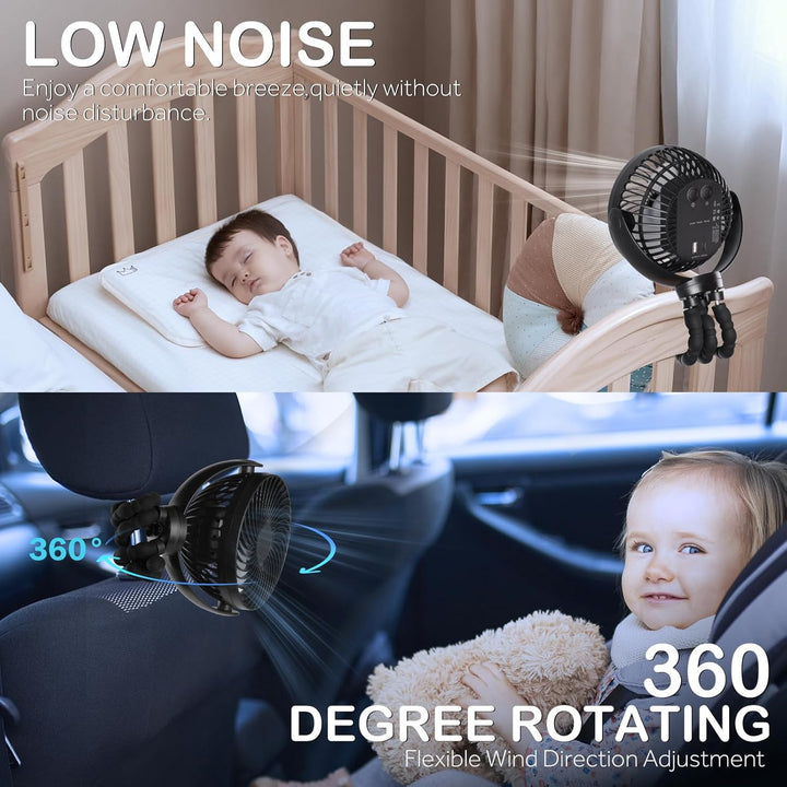 Hianjoo LED Ventilator mit 10000mAh Akku - 360° Drehbarer Kleiner Tischventilator für Camping, Zelte