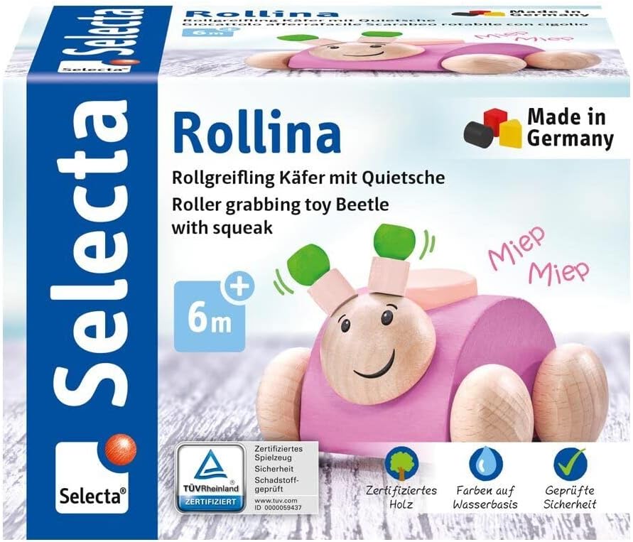 Rollina, 61072 rosa, Greifling mit Quietsche aus Holz, 7,5 cm