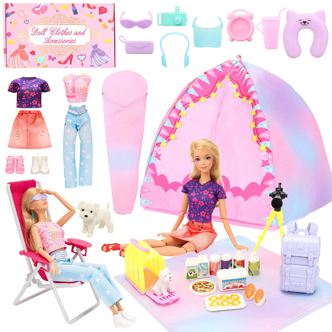 Miunana Camping Spielset mit Zelt Puppenkleidung Schlafsack Wanderrucksack Kleider Kleidung Zubehör