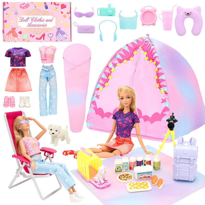 Miunana Camping Spielset mit Zelt Puppenkleidung Schlafsack Wanderrucksack Kleider Kleidung Zubehör