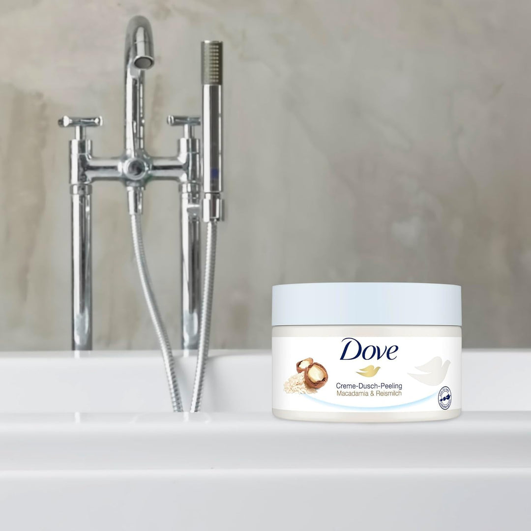 Dove Creme-Dusch-Peeling Macadamia & Reismilch Scrub Körper Peeling für geschmeidige Haut Hautpflege