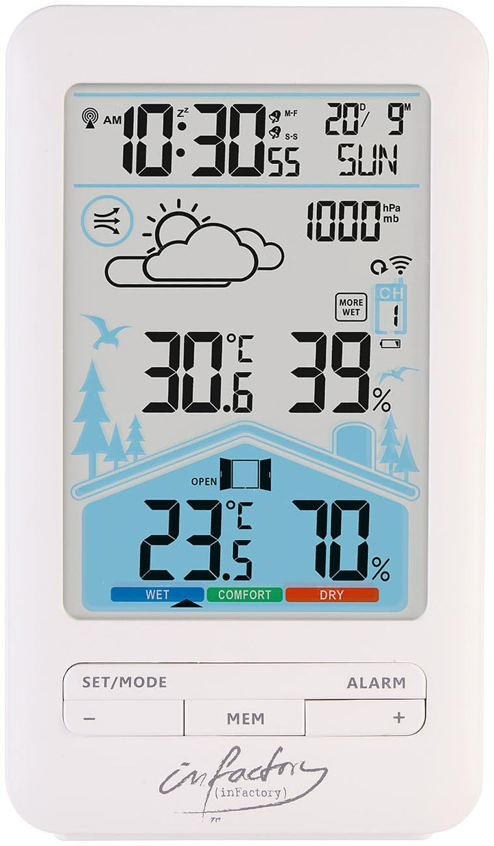 infactory Funkwecker: Funk-Wetterstation mit Aussensensor, Dual-Alarm-Wecker und Komfortindex (Uhr m