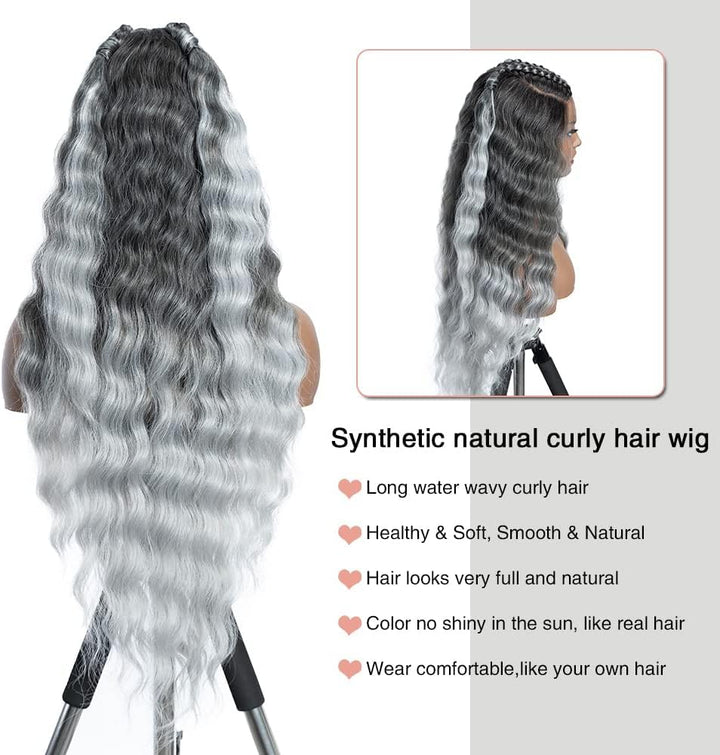 FASHION IDOL Lace Front Curly Wigs 31" Long Synthetic Natural Water Wavy Wig for Black Women Ombre G