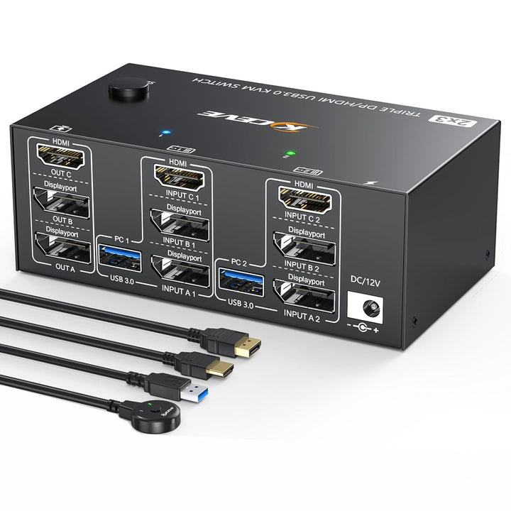 KCEVE KVM Switch 3 Monitore 2 PC, 8K@60Hz/4k@144Hz USB 3.0 KVM Umschalter HDMI + DisplayPort, für 2