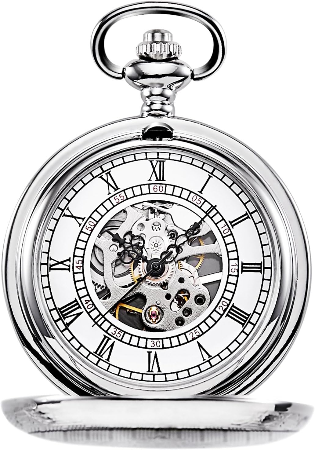 TREEWETO Unisex Taschenuhr mit Kette Analog Handaufzug Skelett Römische Ziffern Silber