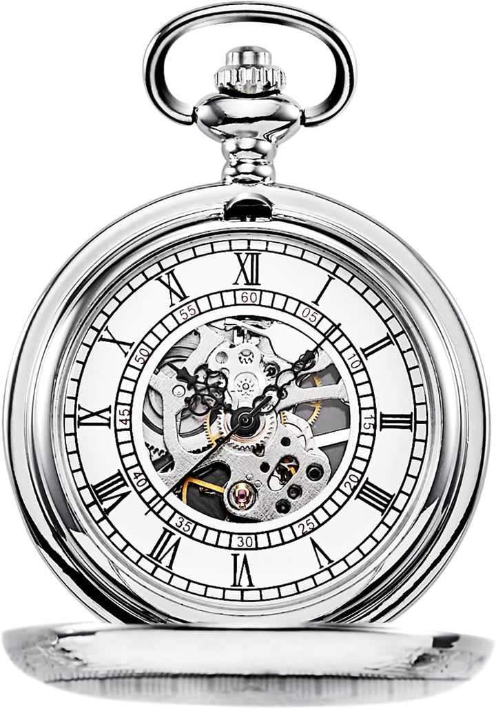 TREEWETO Unisex Taschenuhr mit Kette Analog Handaufzug Skelett Römische Ziffern Silber