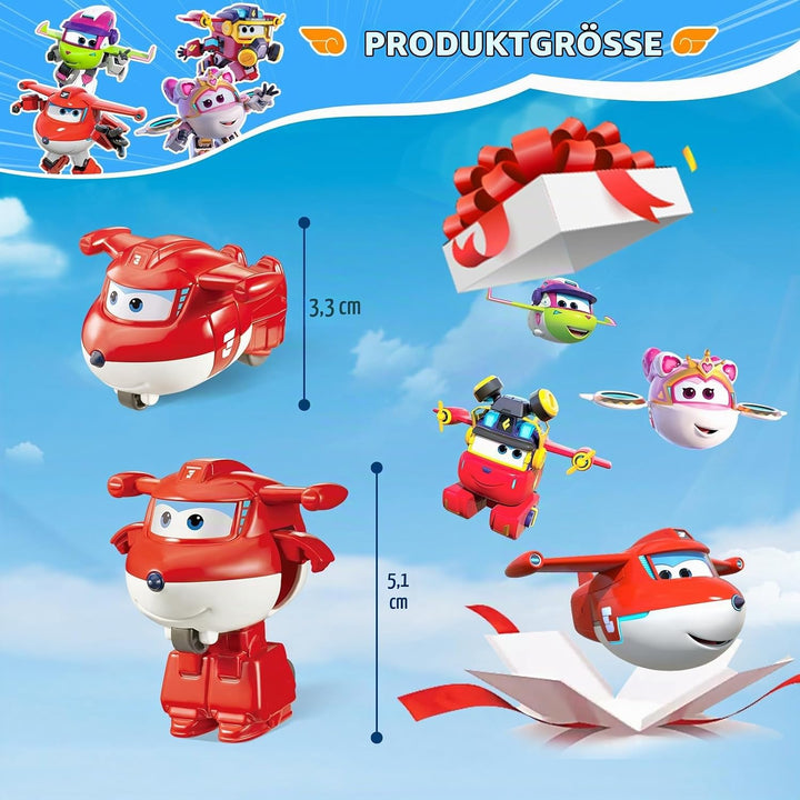 Super Wings 2 inch Verwandlungsspielzeug 4er Pack, Jett, Curie, Runi und Sara, Flugzeug Spielzeug Fa
