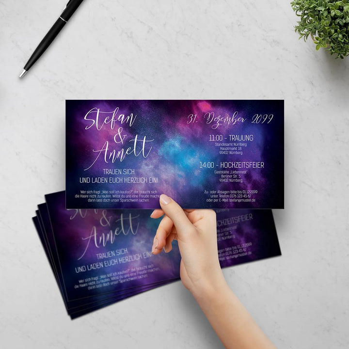 10 x Hochzeitseinladungen Hochzeit Einladungskarten individuell Quadrat Klappkarte - Sternenhochzeit