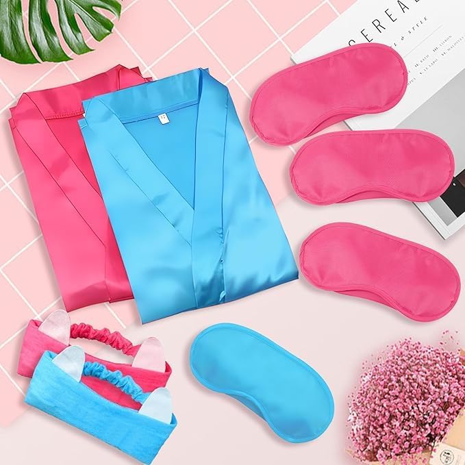 LYCN 10 Stück Spa Bademantel Mädchen, Satin Kimono Bademantel mit 10 Seiden-Augenmasken und 10 Haarb