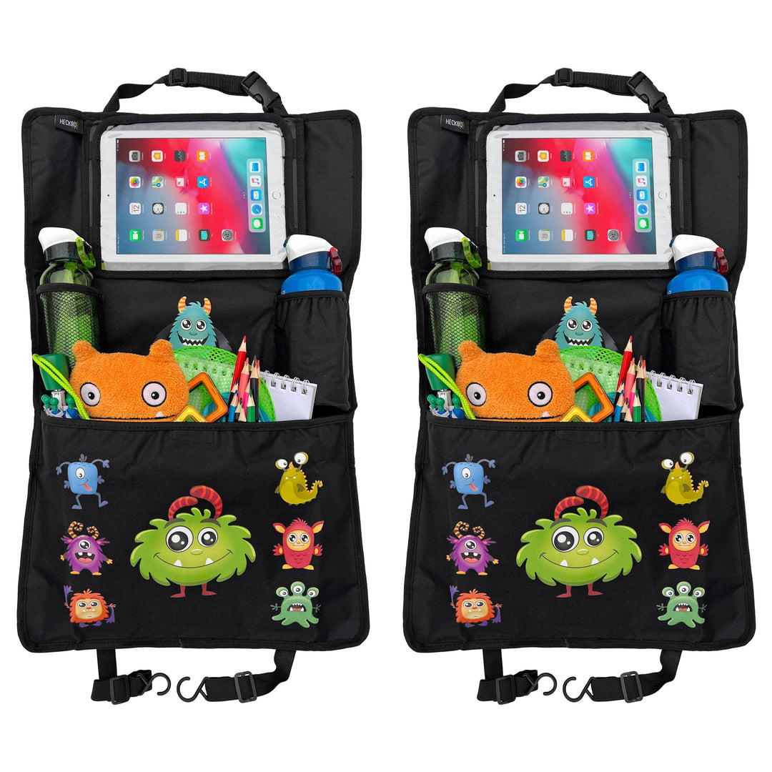 HECKBO 2x Kinder Auto Organizer mit verstellbarer Tablet Tasche mit Touch Folie für bis 20" – Monste