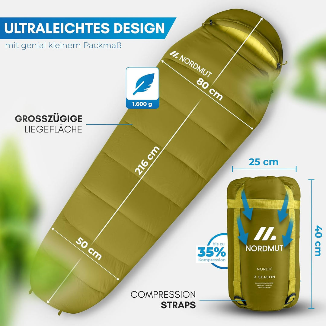 NORDMUT® Schlafsack Erwachsene – kleines Packmass & Ultraleicht (900/1500g) – 3-Jahreszeiten (250 GS