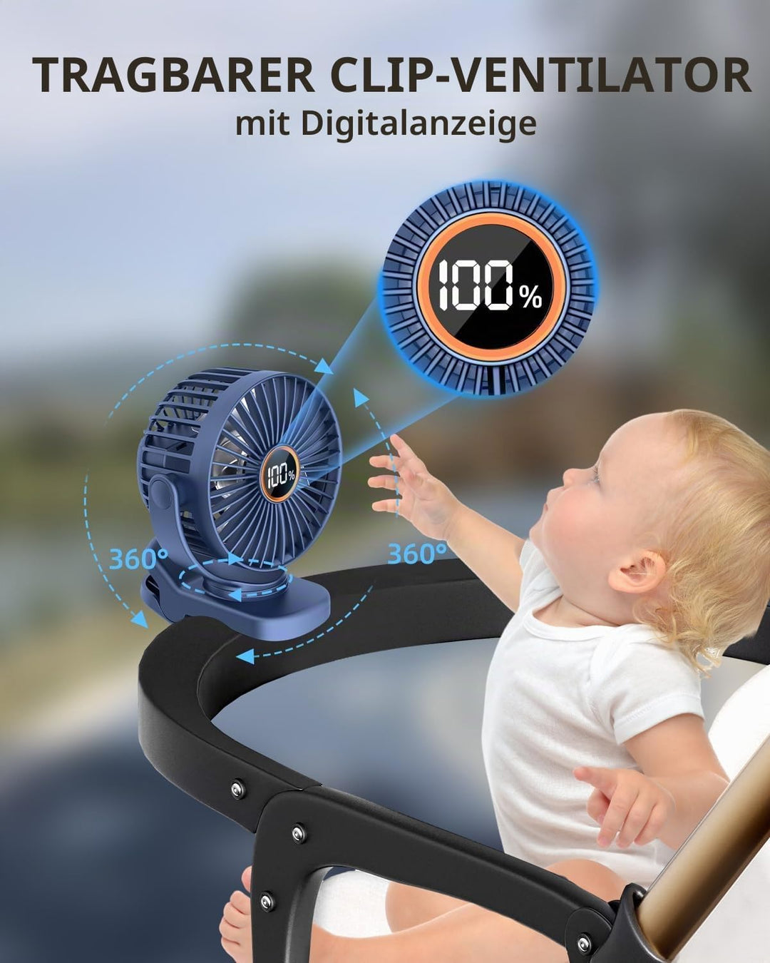 TUNISE USB Ventilator mit Clip, Mini Ventilator 3 Stufen 4,5 m/s, 2000mAh Akku 9,5Std Laufzeit, Tisc
