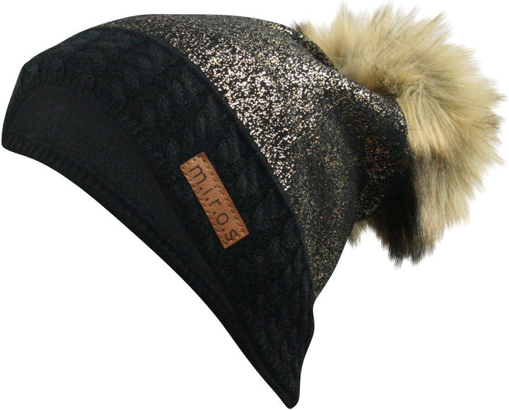 m.i.r.o.s Brittany Damen Wintermütze Schwarz Golden | handgemachte Pompom Mütze hell
