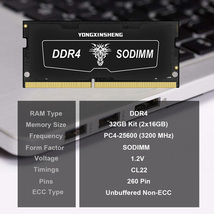 Yongxinsheng DDR4 Sodimm 3200MHz 32GB Kit (16GBx2) Laptop RAM PC4-25600 Non-ECC Unbuffered 1.2V 2Rx8