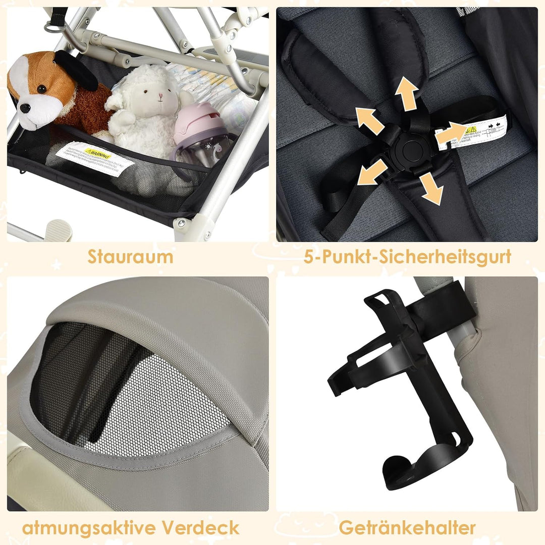 COSTWAY Kinderwagen klappbar, Reisebuggy mit Liegefunktion, Kinderbuggy mit verstellbarem Rückenlehn