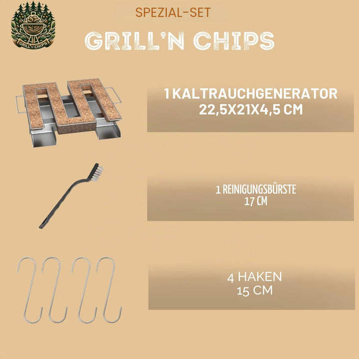 Kaltrauchgenerator/Räucherschnecke für Räucherofen Fleisch und Fisch + 4 Fleischerhaken und 1 Reinig